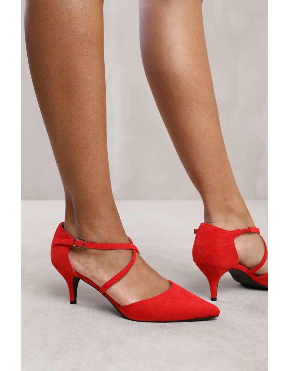SEANEY LOW KITTEN HEEL WITH CROSSOVER STRAP IN RED SUEDE