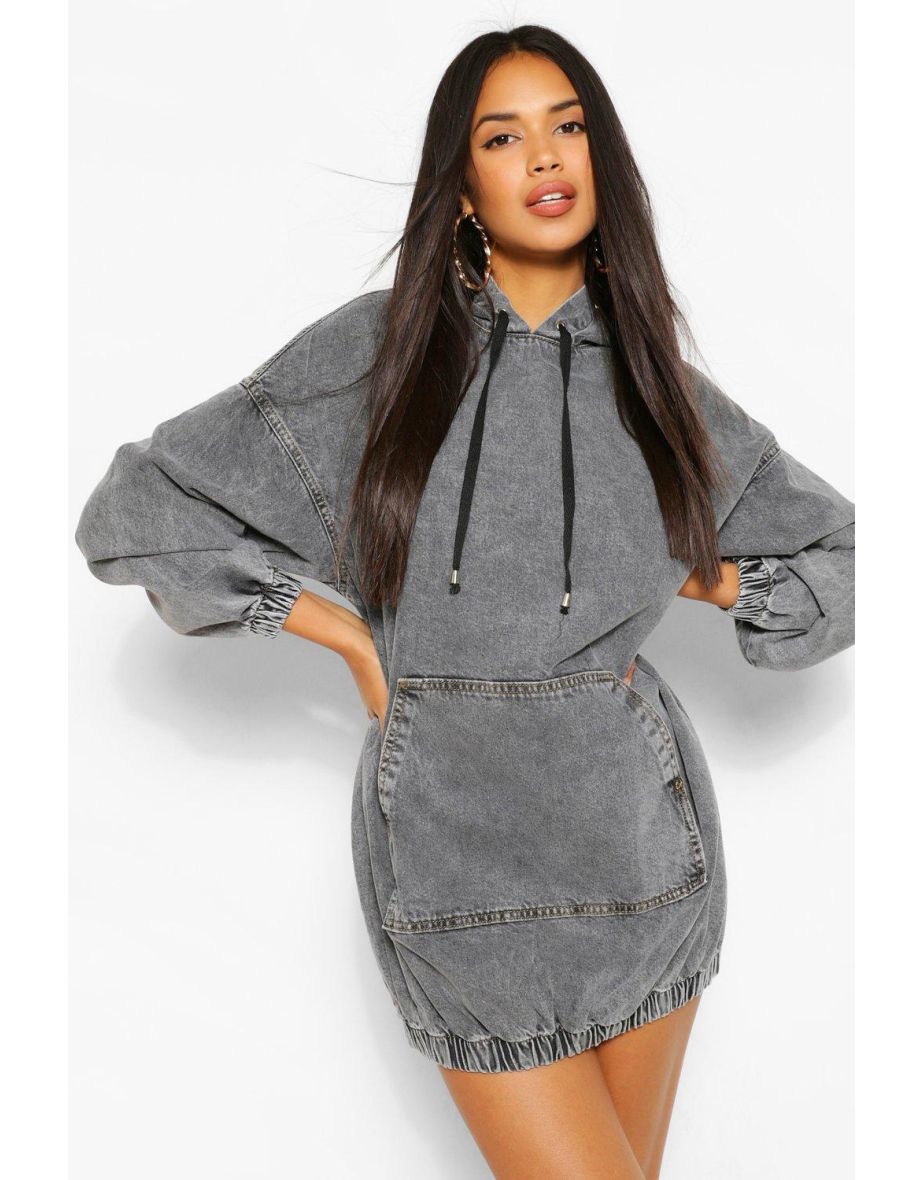 Hooded Denim Pullover Dress - grey