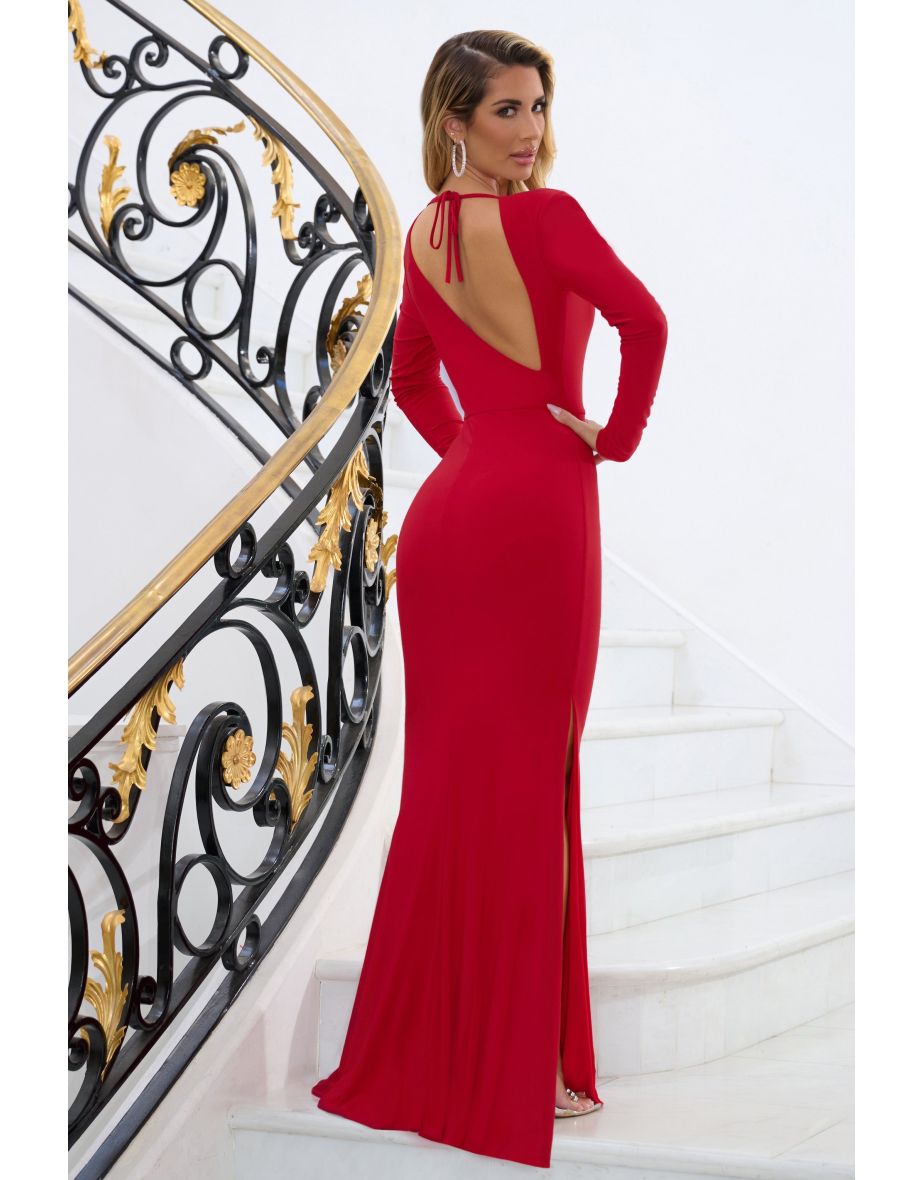 Delight | Red Extreme Plunge Long Sleeve Maxi Dress - 2
