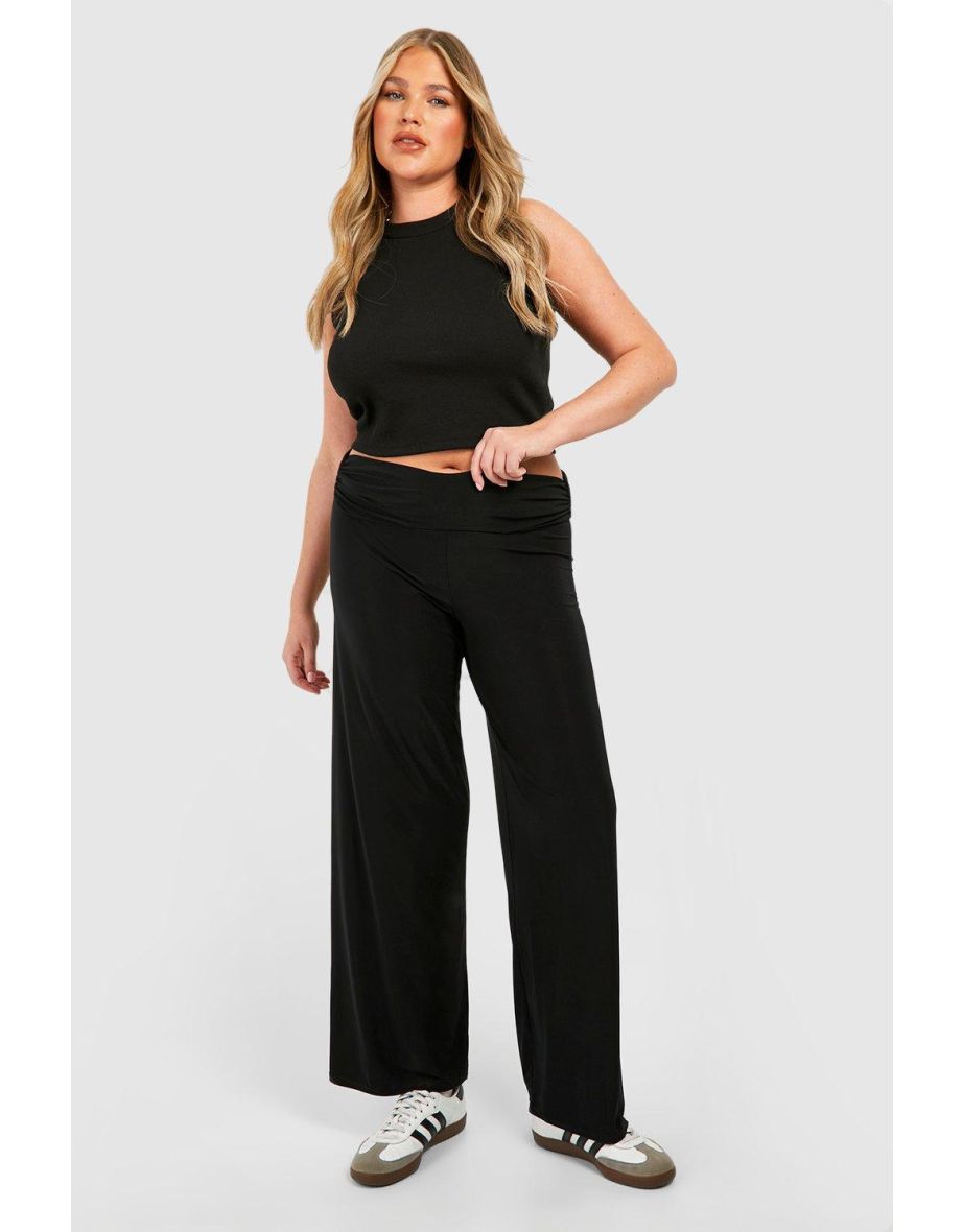 Plus Slinky Folded Over Waist Straight Leg Trousers - black