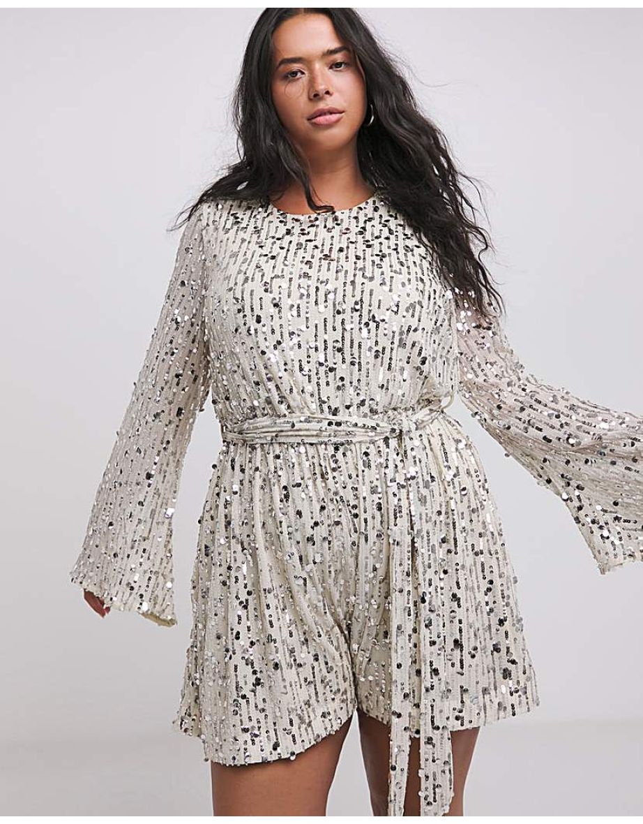 Nude/Silver Sequin Belted Playsuit - 3