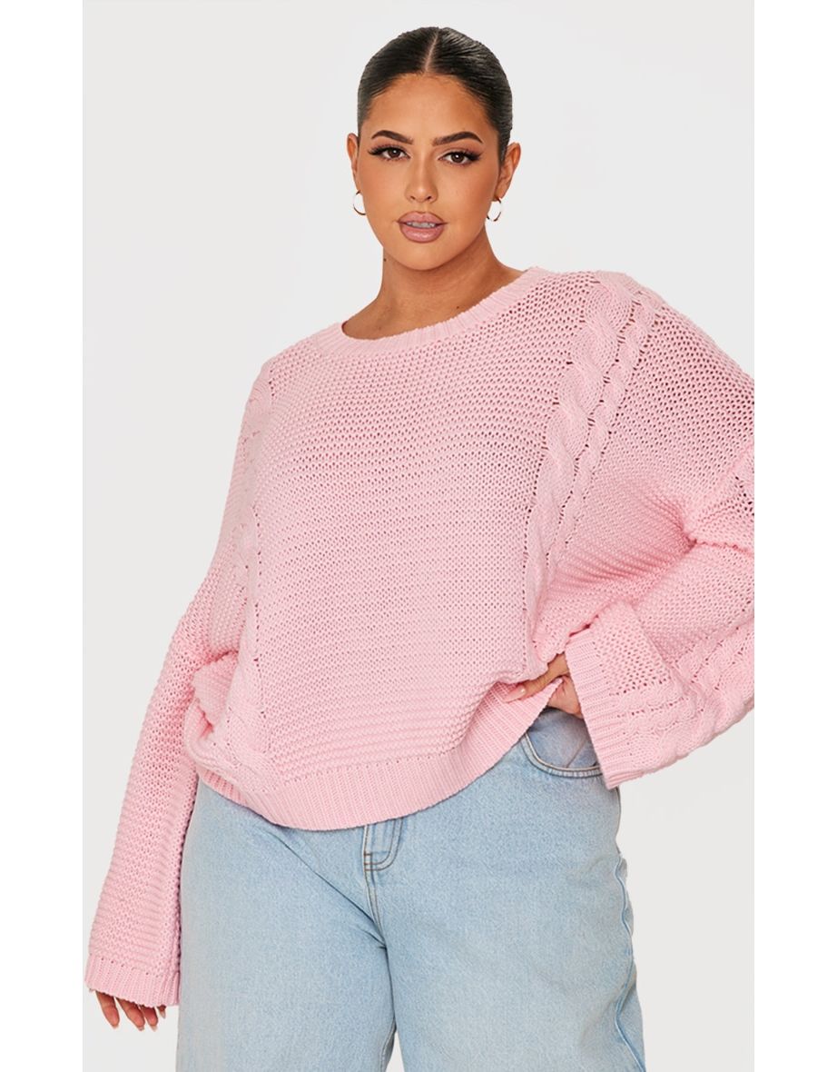 Plus Light Pink Oversized Cable Knit Jumper