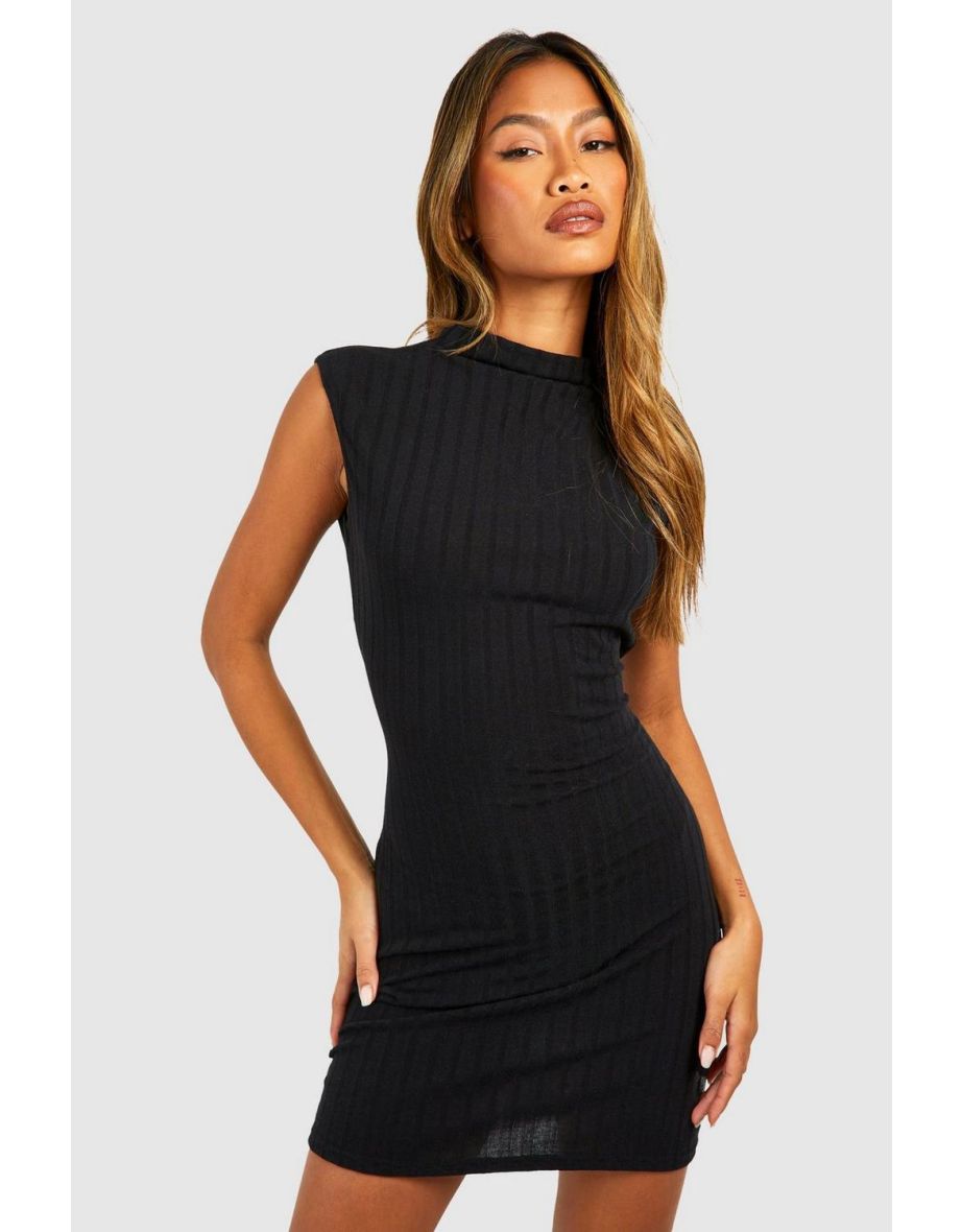 Funnel Neck Rib Mini Dress - black