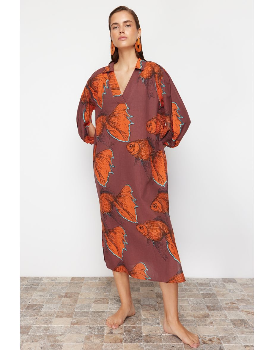 Brown-Multicolored Slogan Regular Woven 100% Cotton Dress