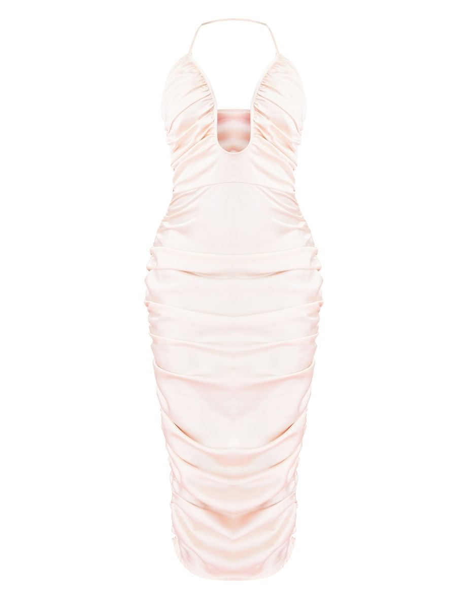 New Nude Satin Plunge Ruched Midaxi Dress - 4