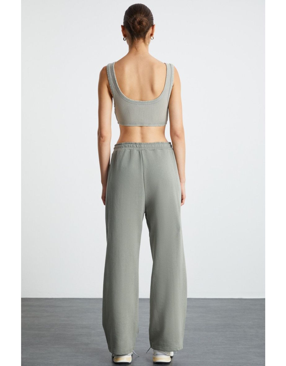 REENA Women's 100% Organic Cotton Front Ribbed Light Khaki Sweatpants - 4