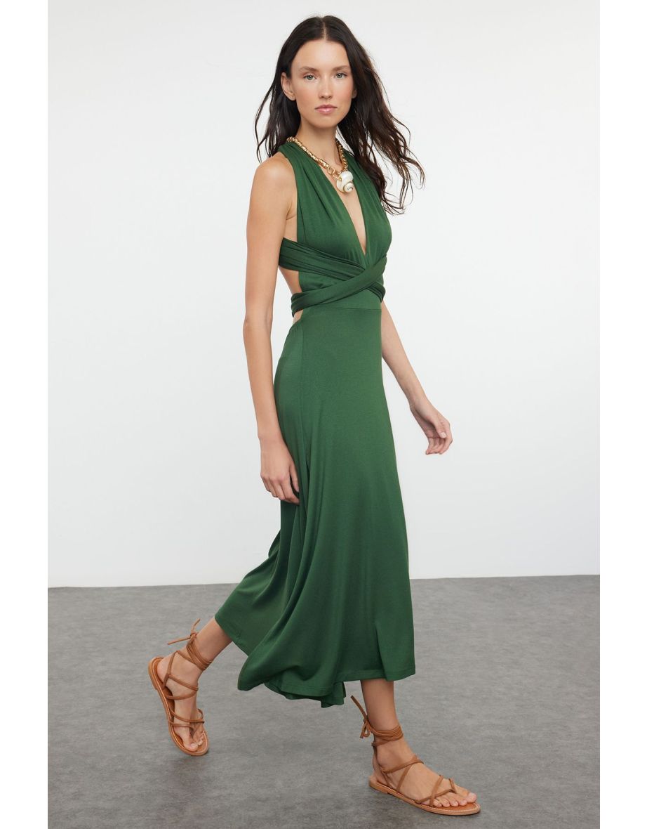 Khaki Midi Knitted Tie-Up Beach Dress