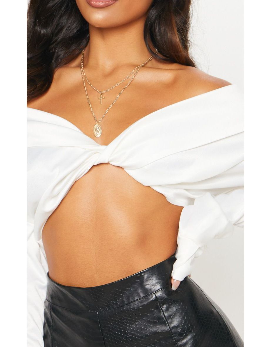 White Bardot Twist Front Crop Top - 4