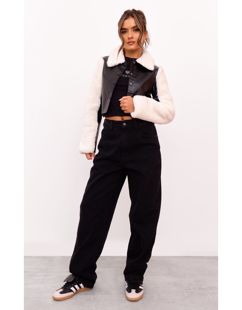 Black Bonded Sleeves Faux Leather Jacket
