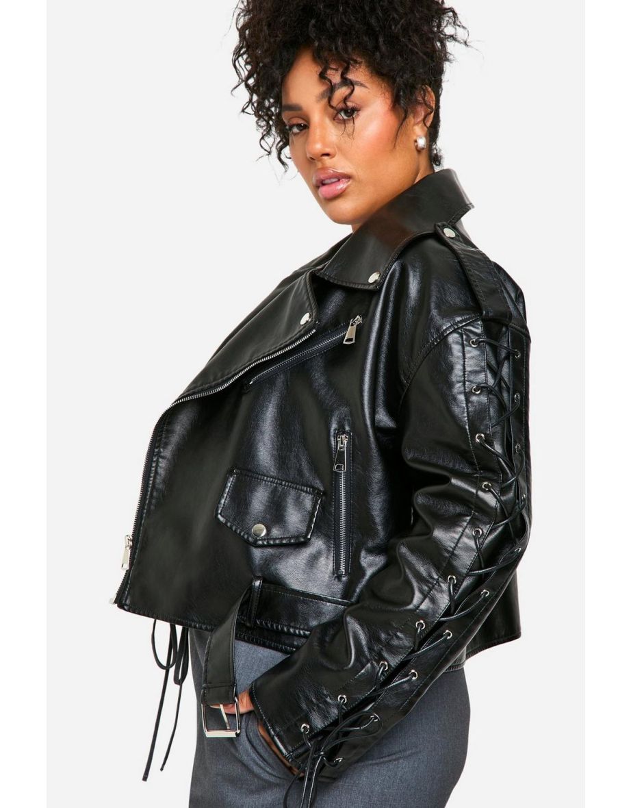 Plus Lace Up Detail Oversized Faux Leather Biker Jacket - 3