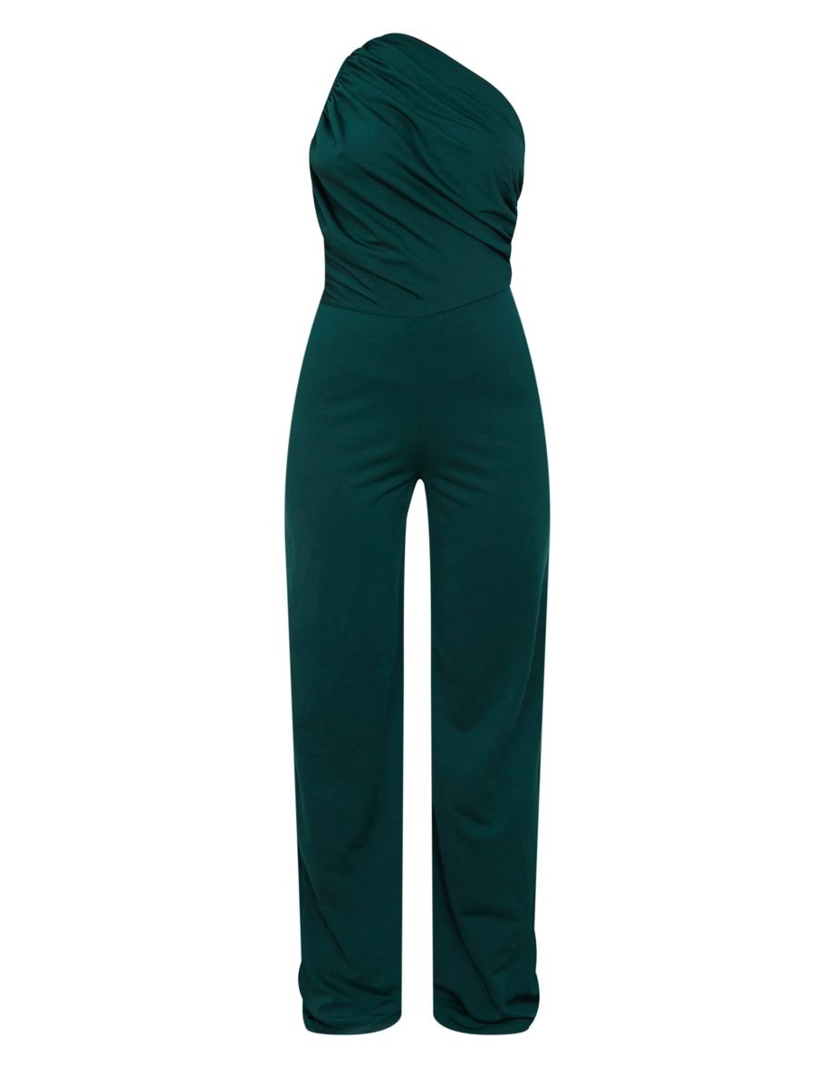 Petite Emerald Green One Shoulder Ruched Wide Leg Jumpsuit - 4