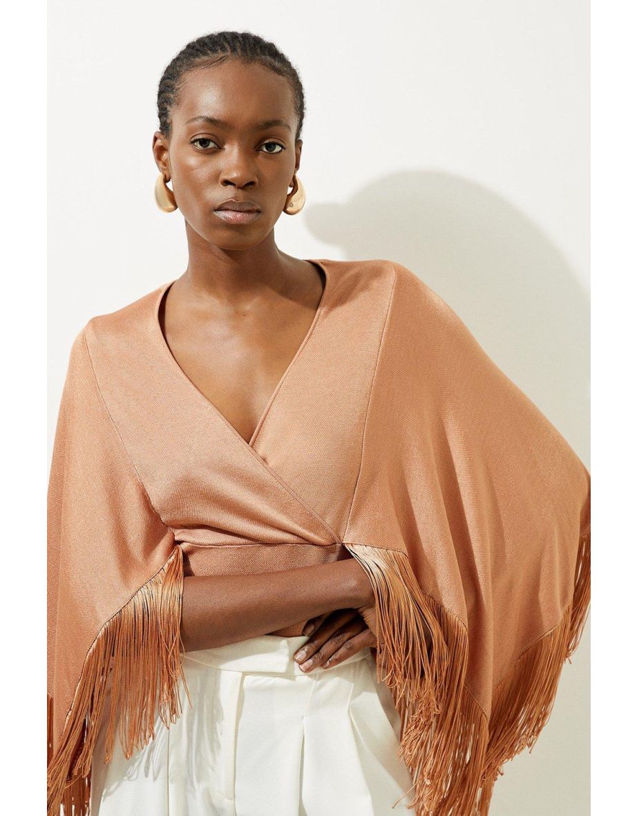 Viscose Blend Slinky Knit Kimono Tassel Top