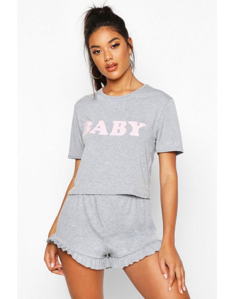 'Baby' Slogan Short Set - grey marl