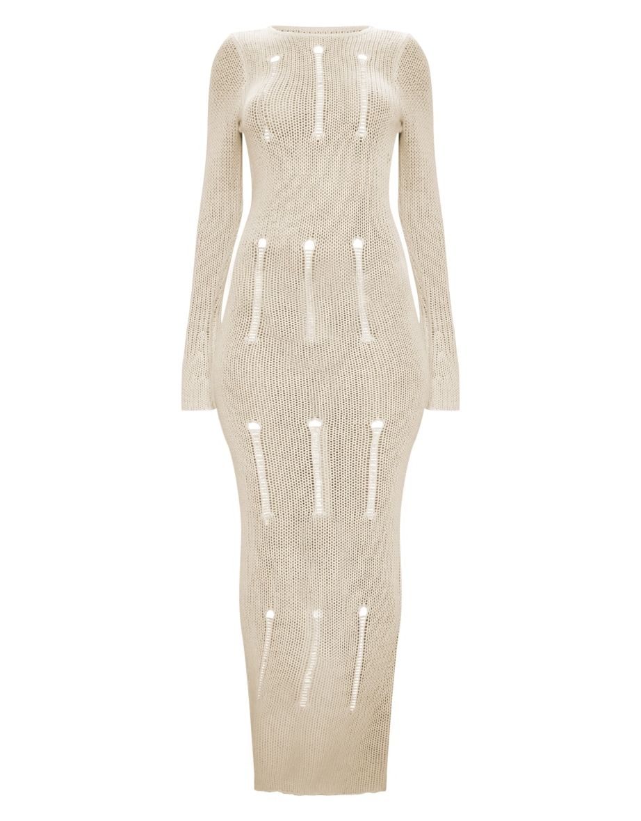 Cream Distressed Knit Open Back Maxi Dress - 2