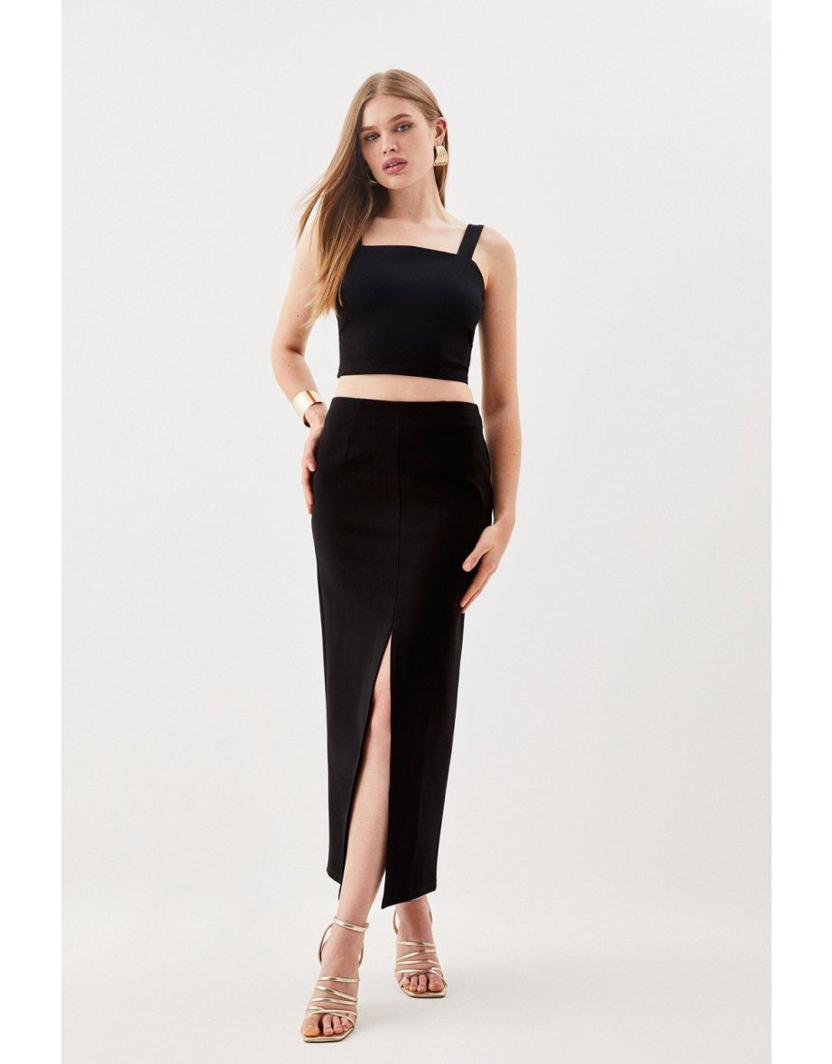 Petite Ponte Strappy Crop Top Split Front Skirt Jersey Set