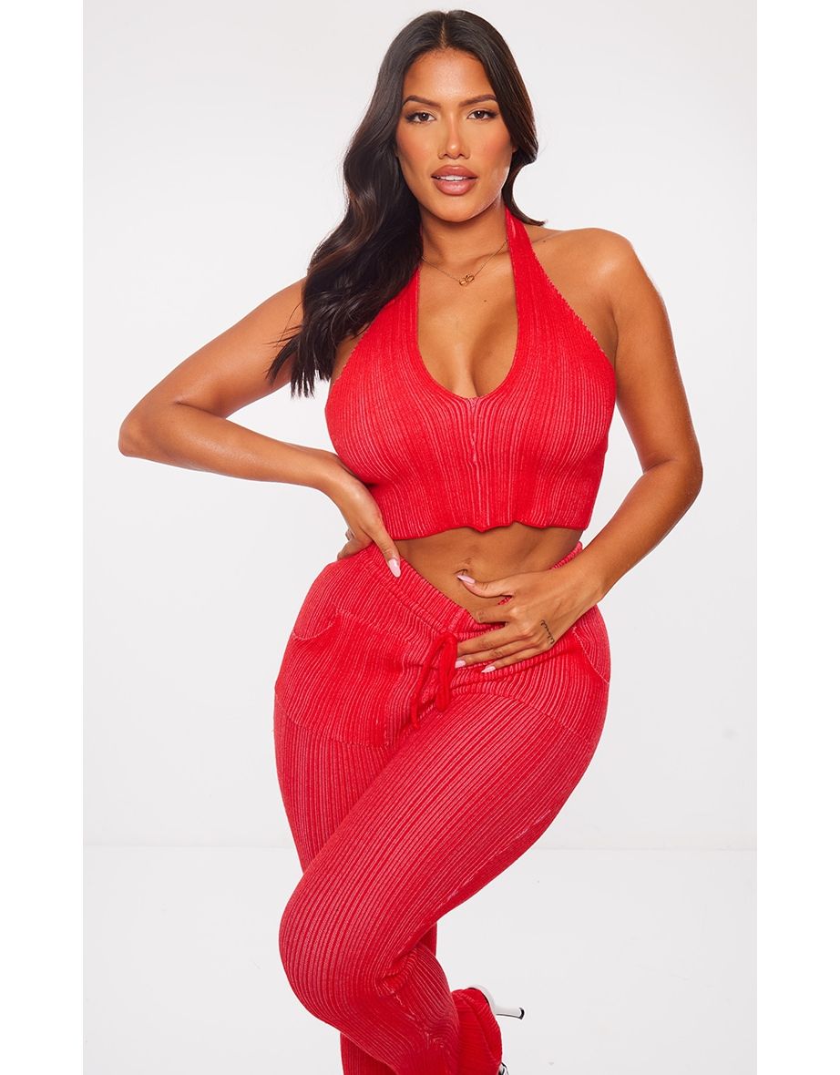 Shape Red Knit Contrast Halter Neck Crop Top
