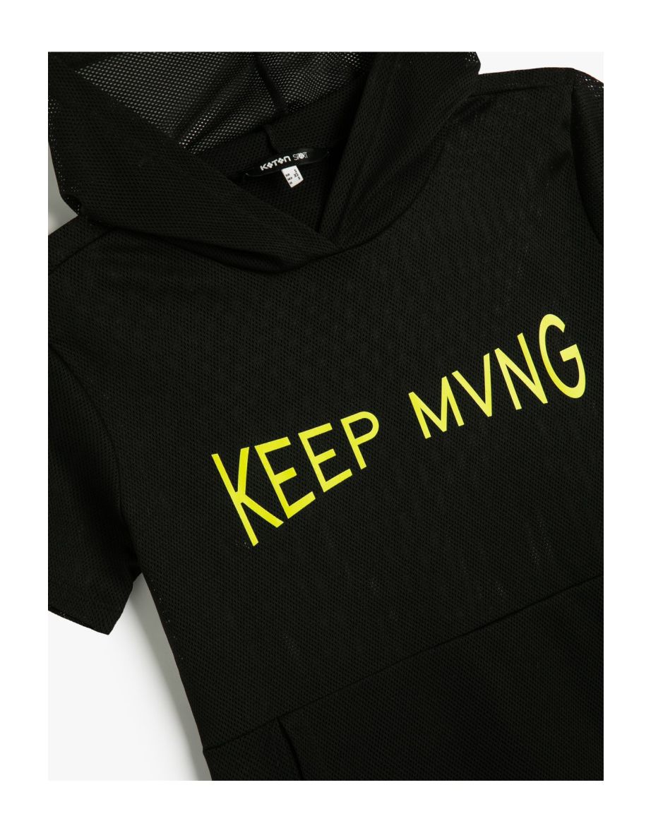 Hooded Mesh T-Shirt Sports Short Sleeve kangaroo Pocket Printed - 4