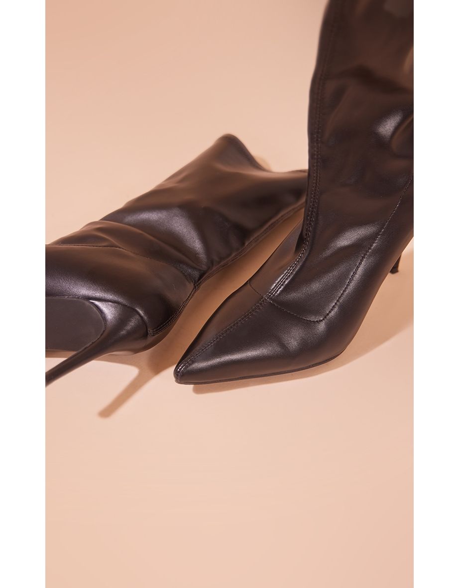 Black PU Point Toe High Heeled Sock Boots - 3
