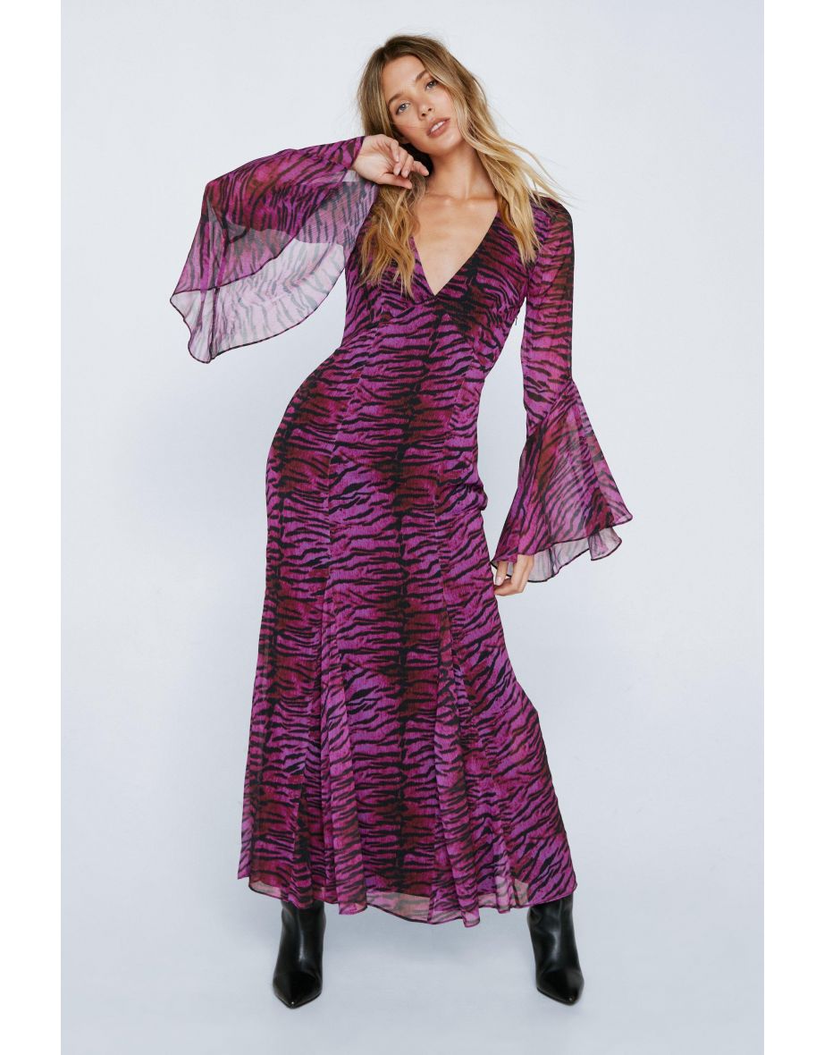 Animal Print Chiffon Long Sleeve Maxi Dress