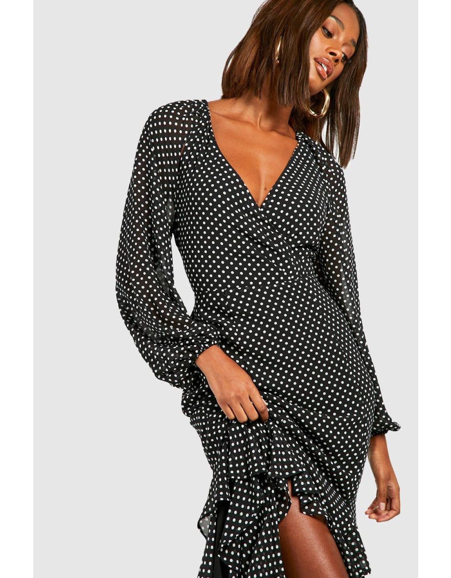 Chiffon Ruffle Polka Dot Maxi Dress - black - 3