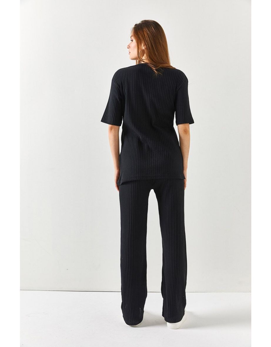 Women's Black Top V-neck Bottom Palazzo Corduroy Suit - 7