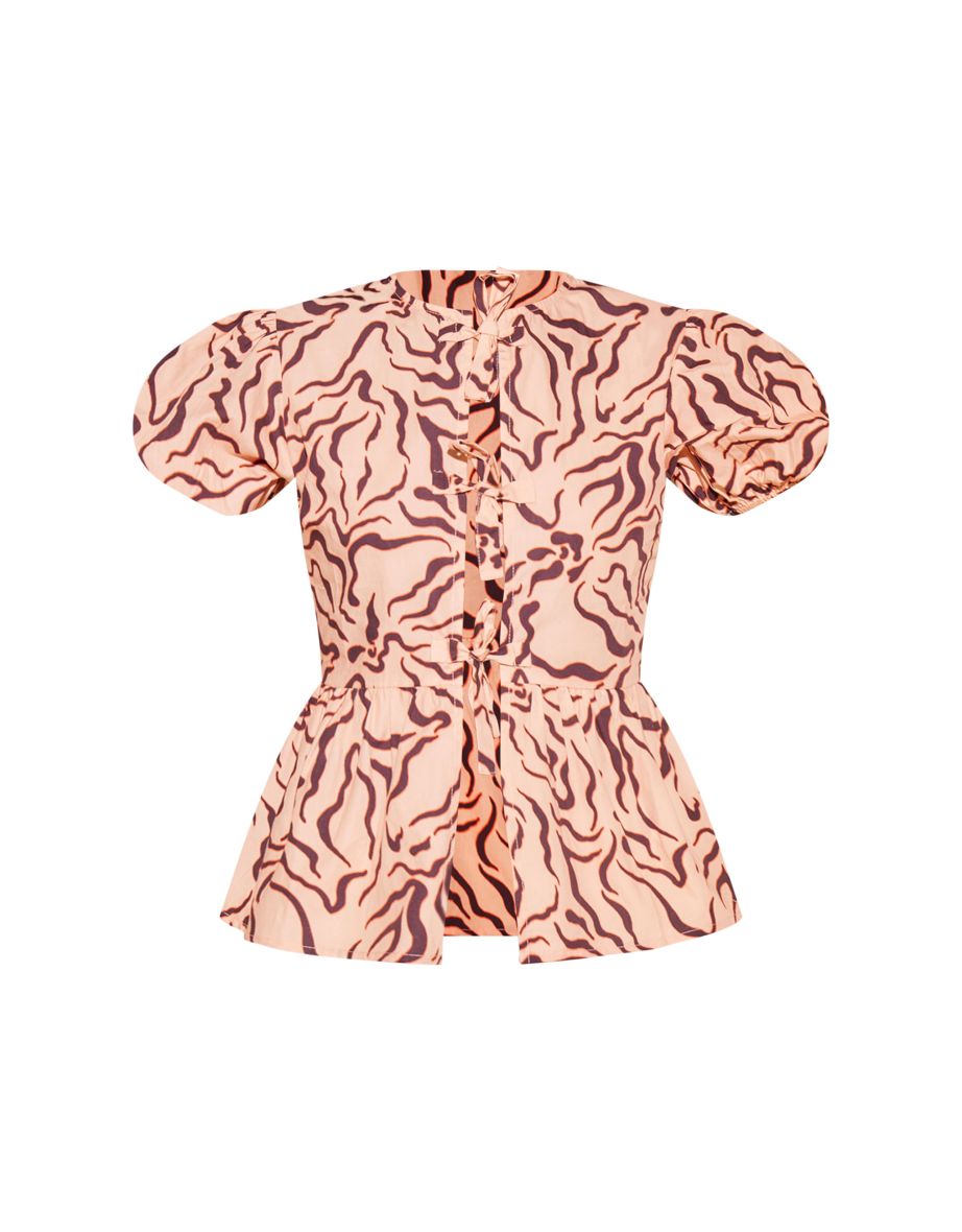 Beige Zebra Print Puff Sleeve Bow Tie Top - 4