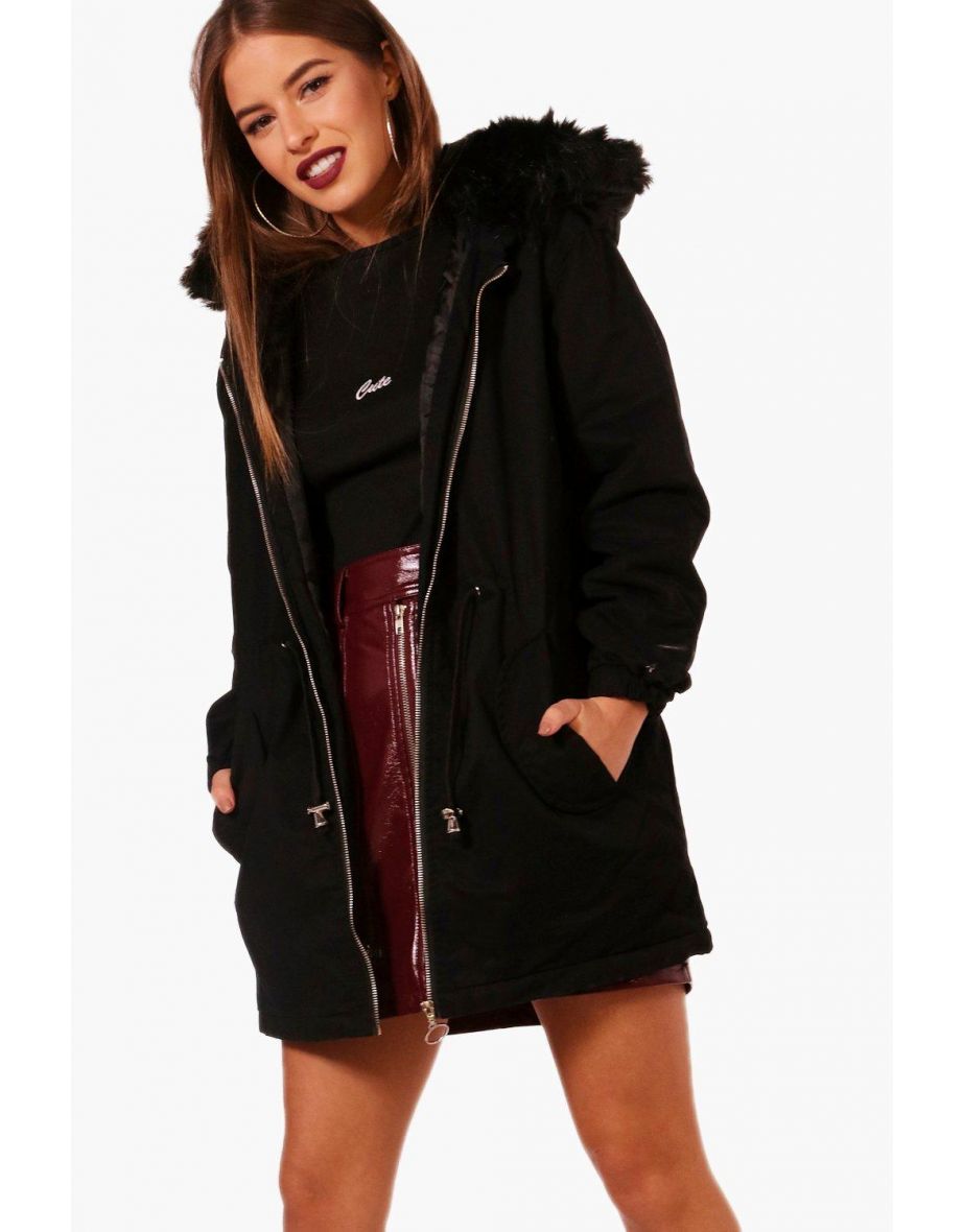 Petite  Faux Fur Hood Parka - black