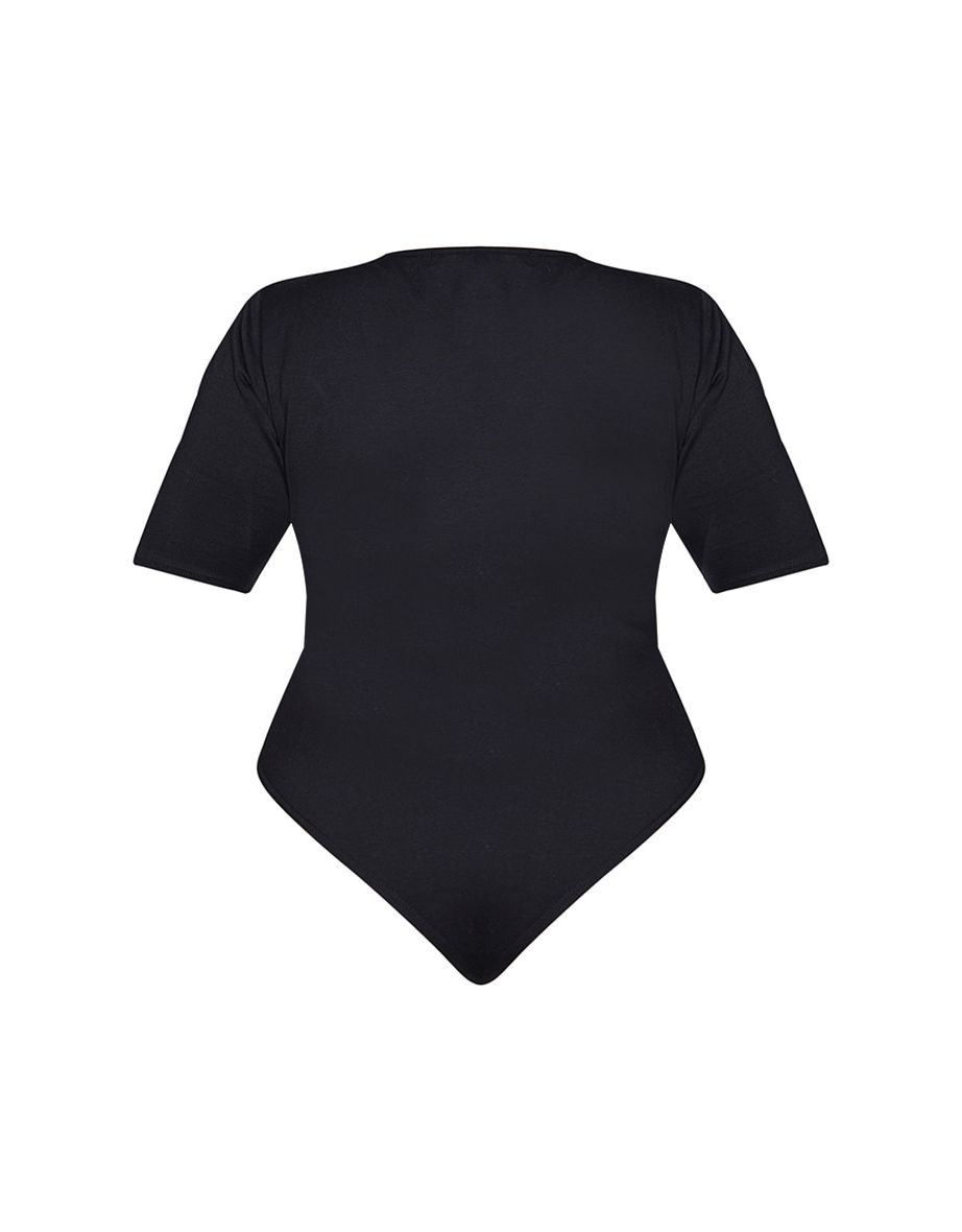 Plus Black Cotton Stretch T Shirt Thong Bodysuit - 4