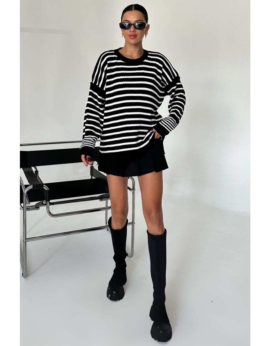 Women's Black Crew Neck Striped Knitwear Sweater