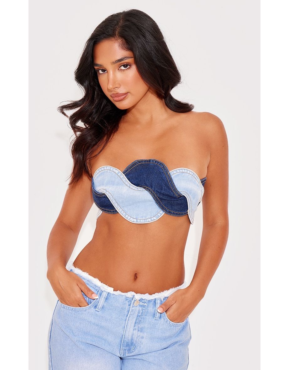 Petite Blue Denim Twist Bandeau Top
