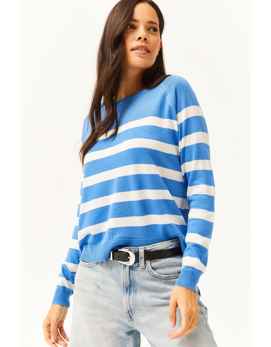 Women's Blue White Crew Neck Cotton Viscose Knitwear Blouse