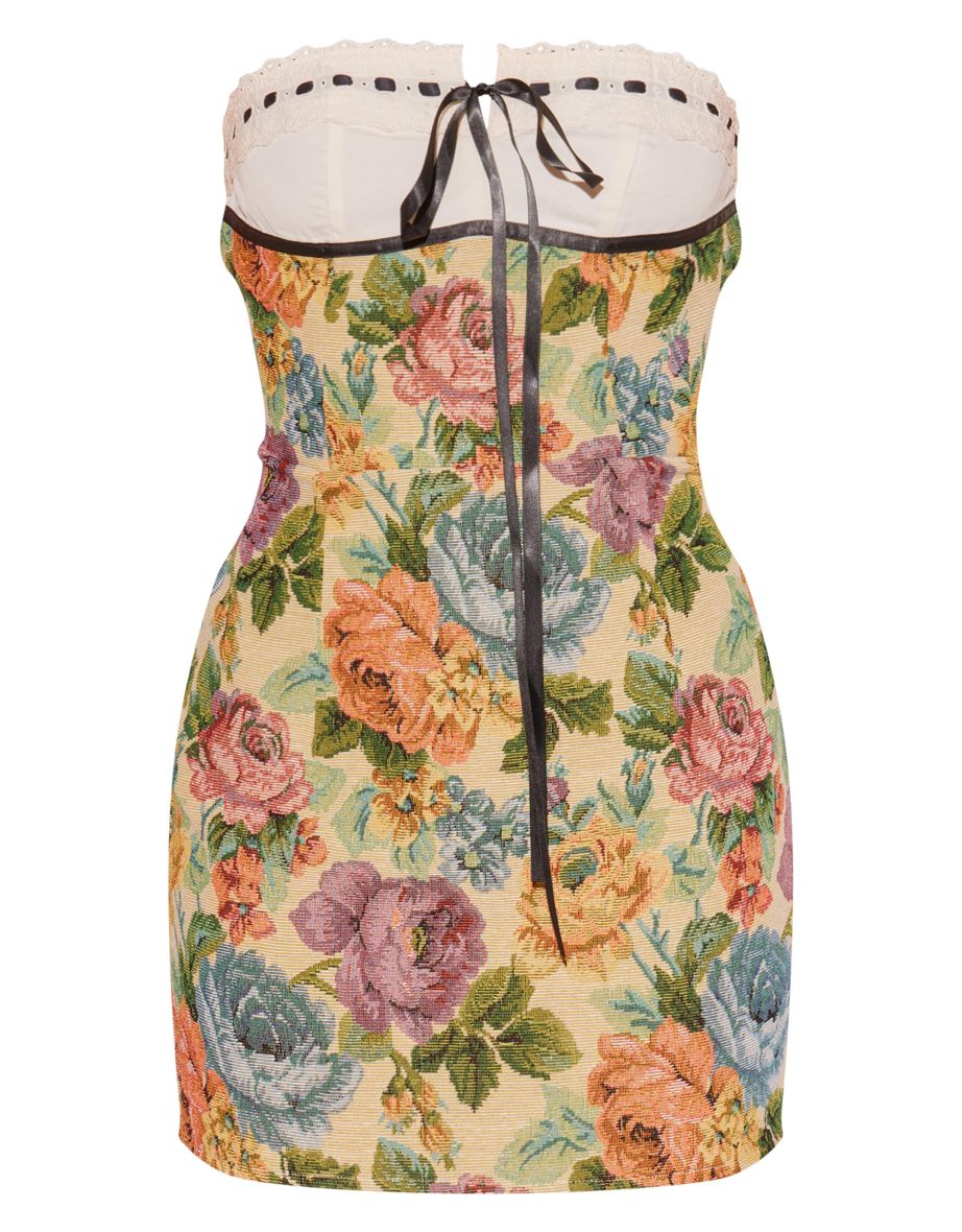 Stone Floral Twill Contrast Bandeau Bodycon Dress - 4