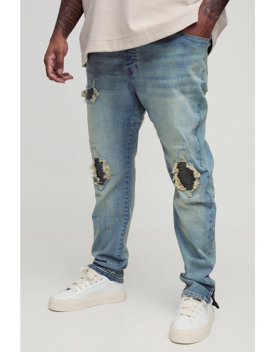 Plus Biker Rip & Repair Stonewash Zip Hem Skinny Jeans - stonewash