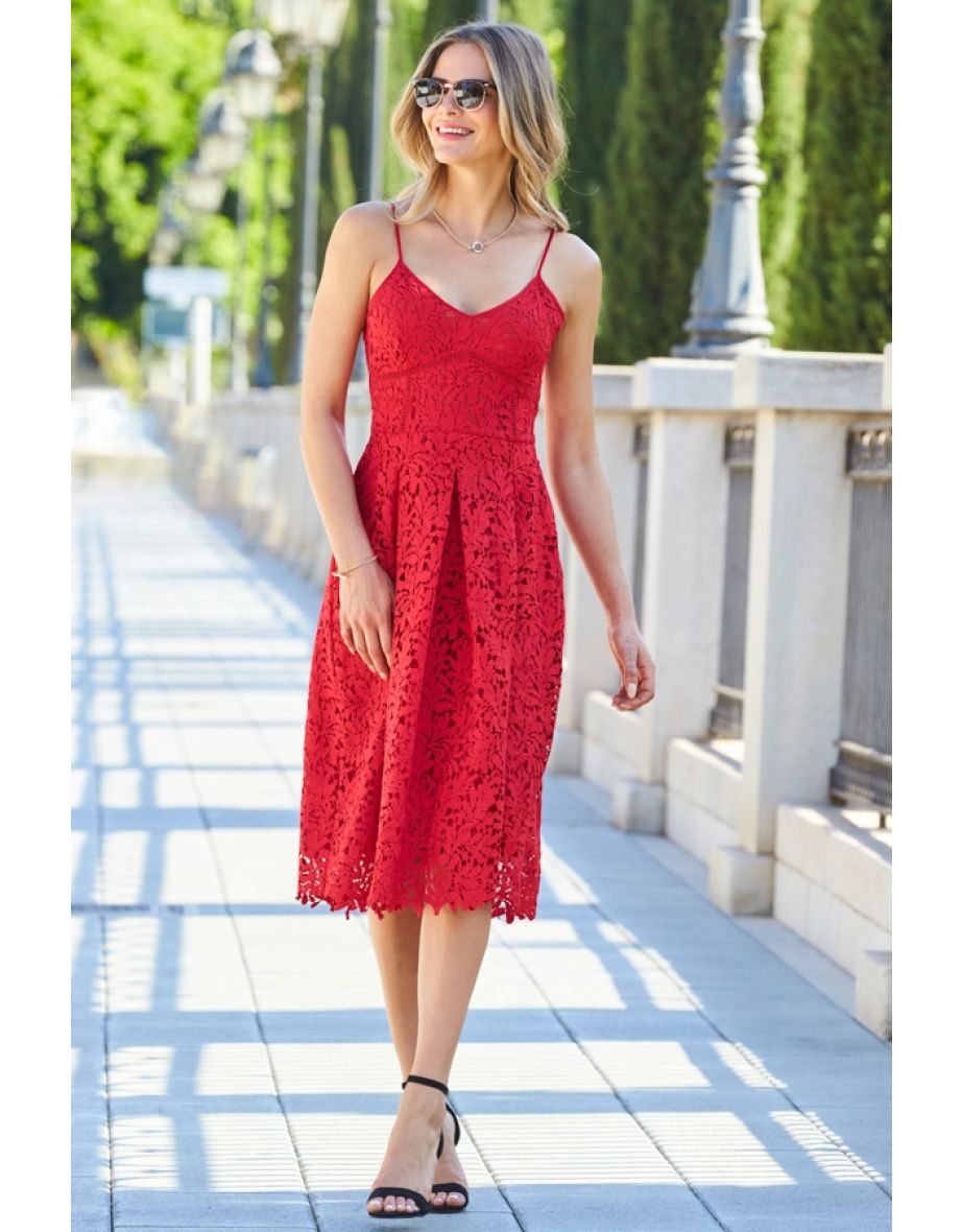 Shop Red Lace Premium Strappy Fit Flare Dress Online in Bahrain VogaCloset