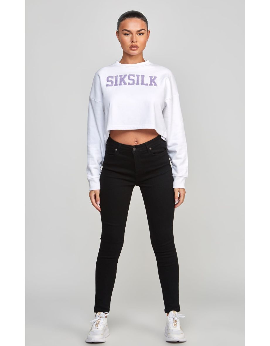 Women's SikSilk Cropped Varsity Sweatshirt in White