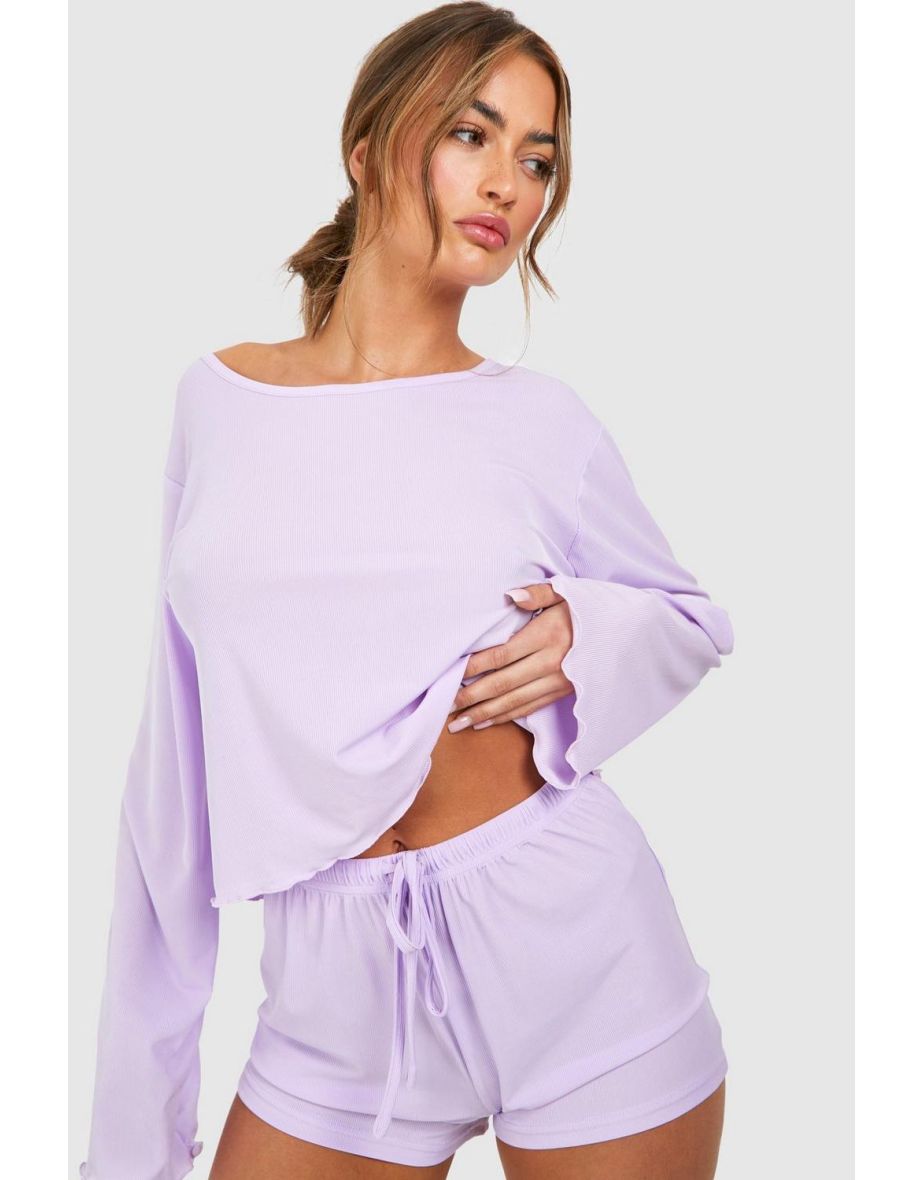 Long Sleeve Lettuce Hem Short Pj Set - lilac - 3