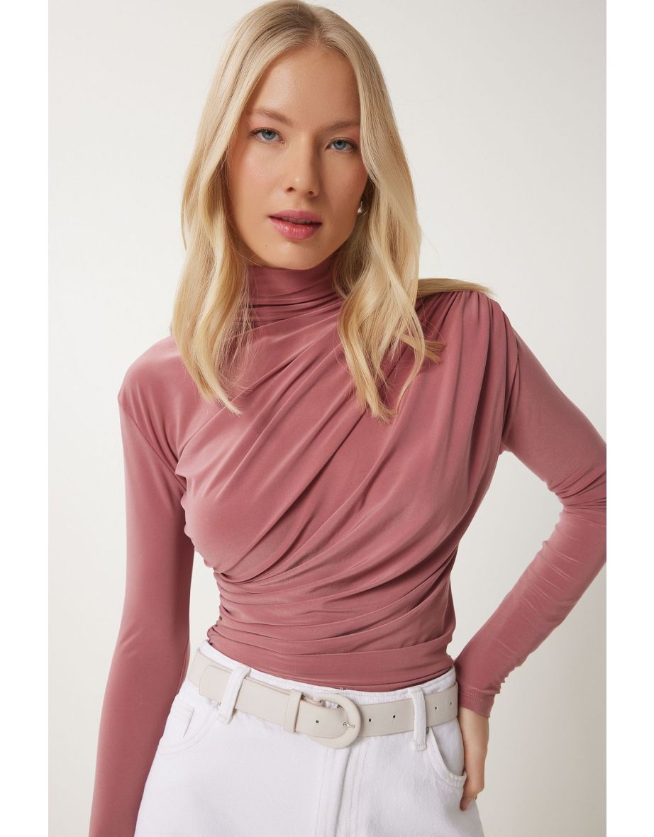 Women's Pale Pink Gathered Detailed High Neck Sandy Blouse