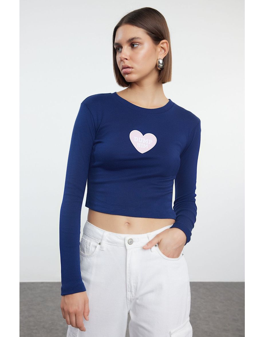 Navy Blue Slogan Printed Crop/Short Fitted/Closed Knitted Top