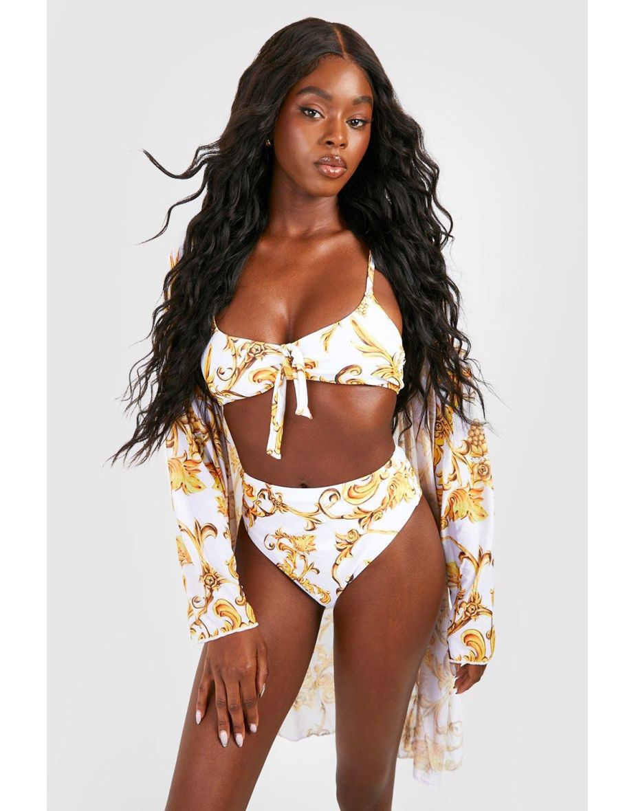 3 Pack Baroque Tie Bikini & Kimono Set - white