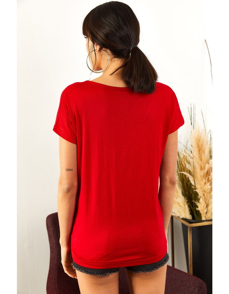 Women's Red Collar Lace Loose Viscose Blouse - 4