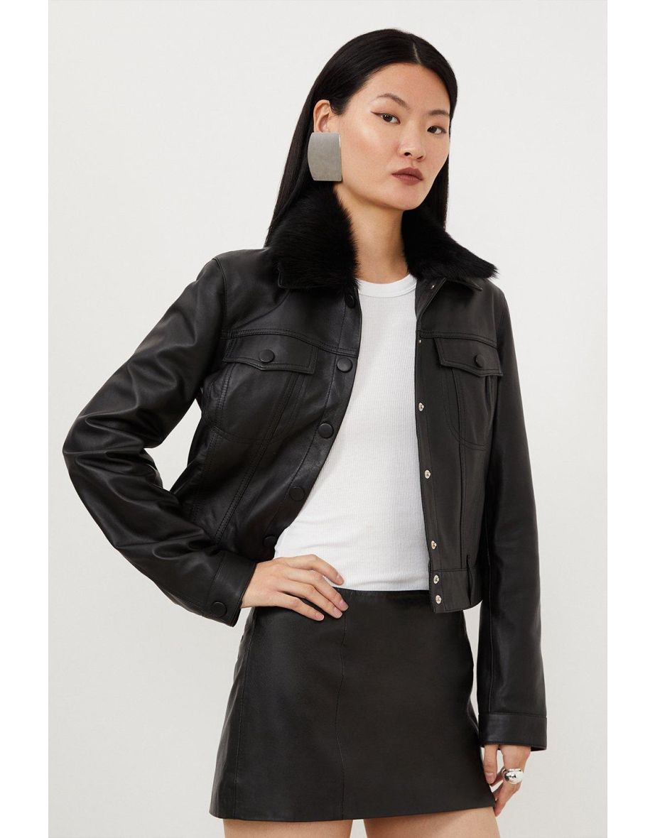 Leather Detachable Shearling Collar Trucker Jacket