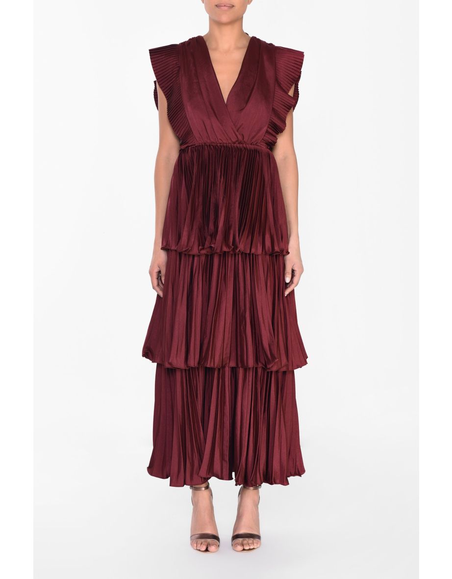 Beatrice Burgundy Satin Pleated Tiered Dress