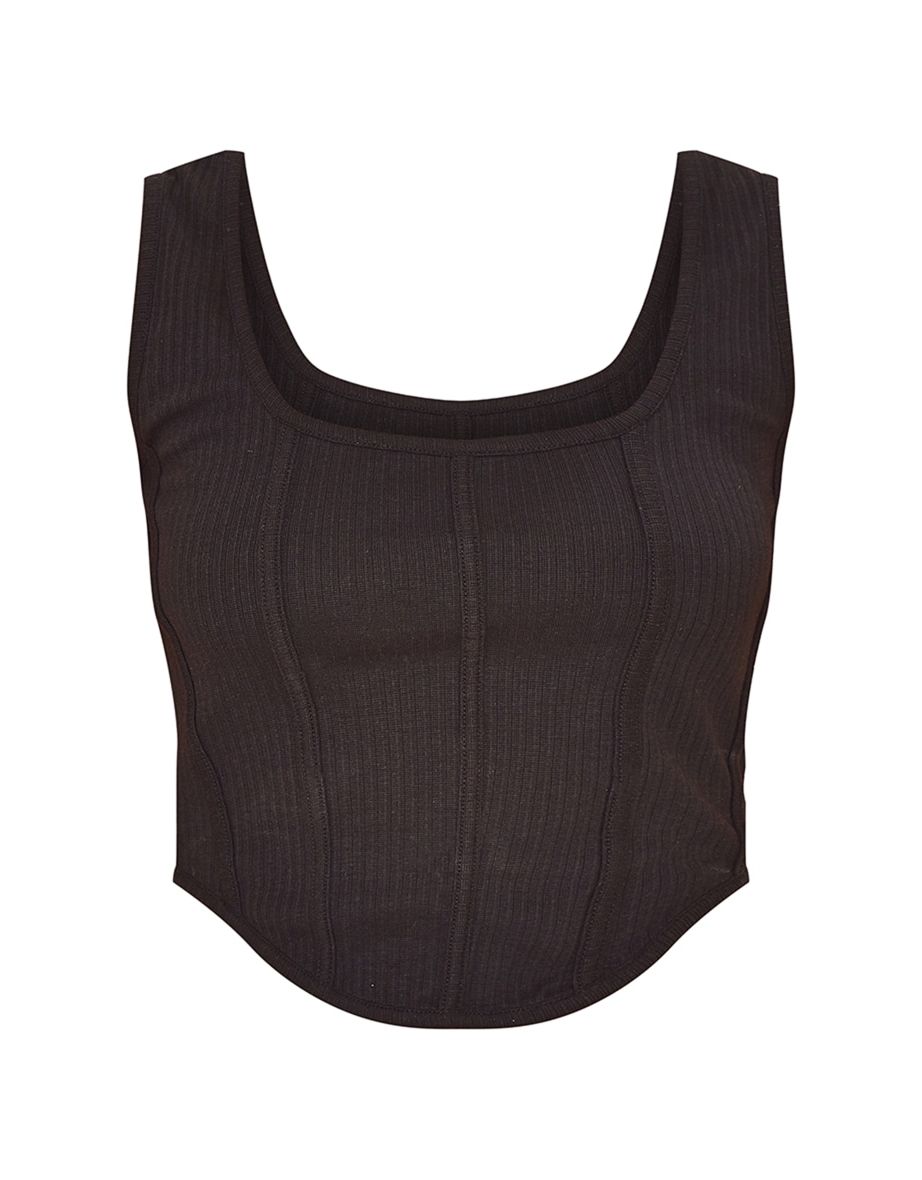 Black Rib Corset Detail Crop Top - 4