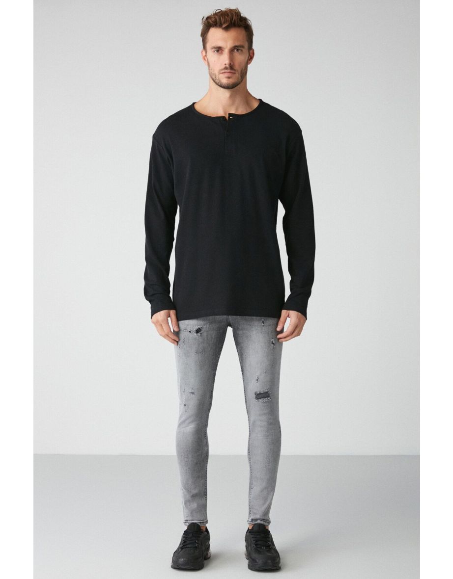 Lorenzo Men's Special Rustic Textured 100% Organic Cotton Button Detailed Regular Black Sweatshirt