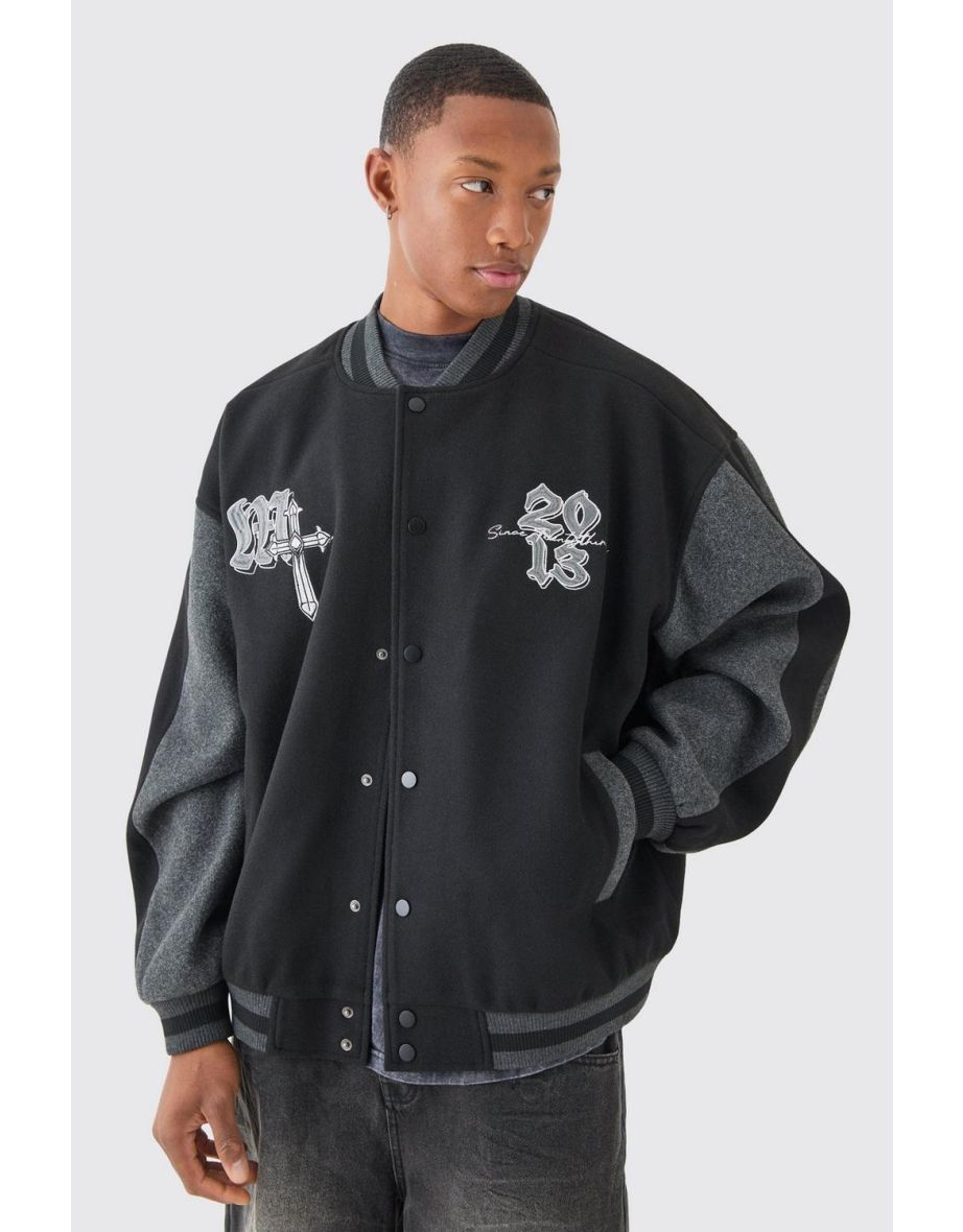 Oversized Official Colour Block Varsity Jacket In Black - black