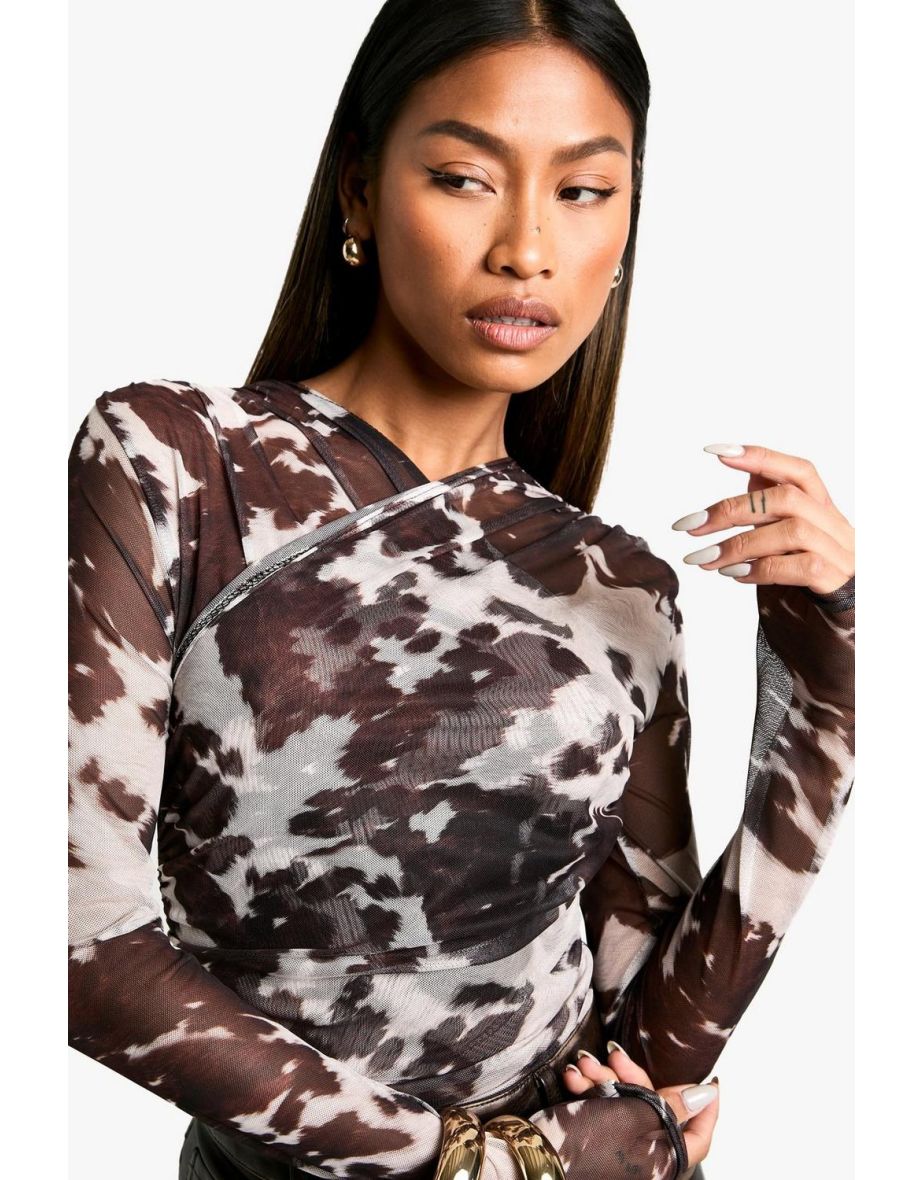 Cow Print Mesh Wrap Front Bodysuit - black - 3