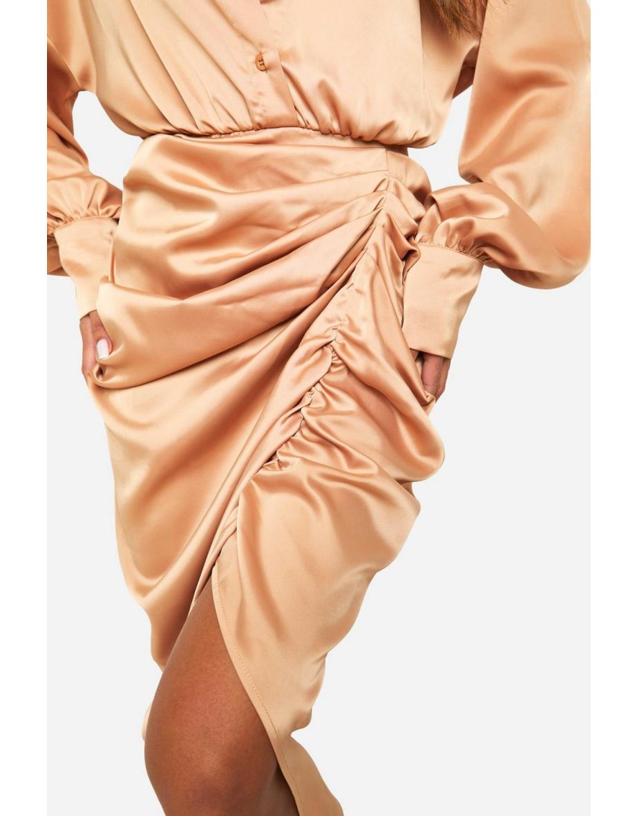 Satin Draped Shirt Dress - gold - 3