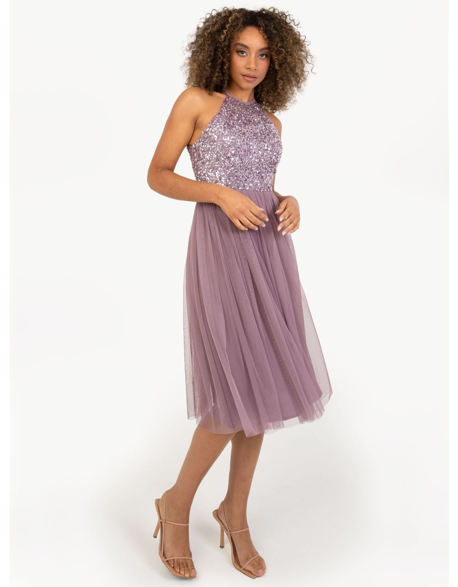 Maya Moody Lilac Embellished Halter Neck Midi Dress - 1
