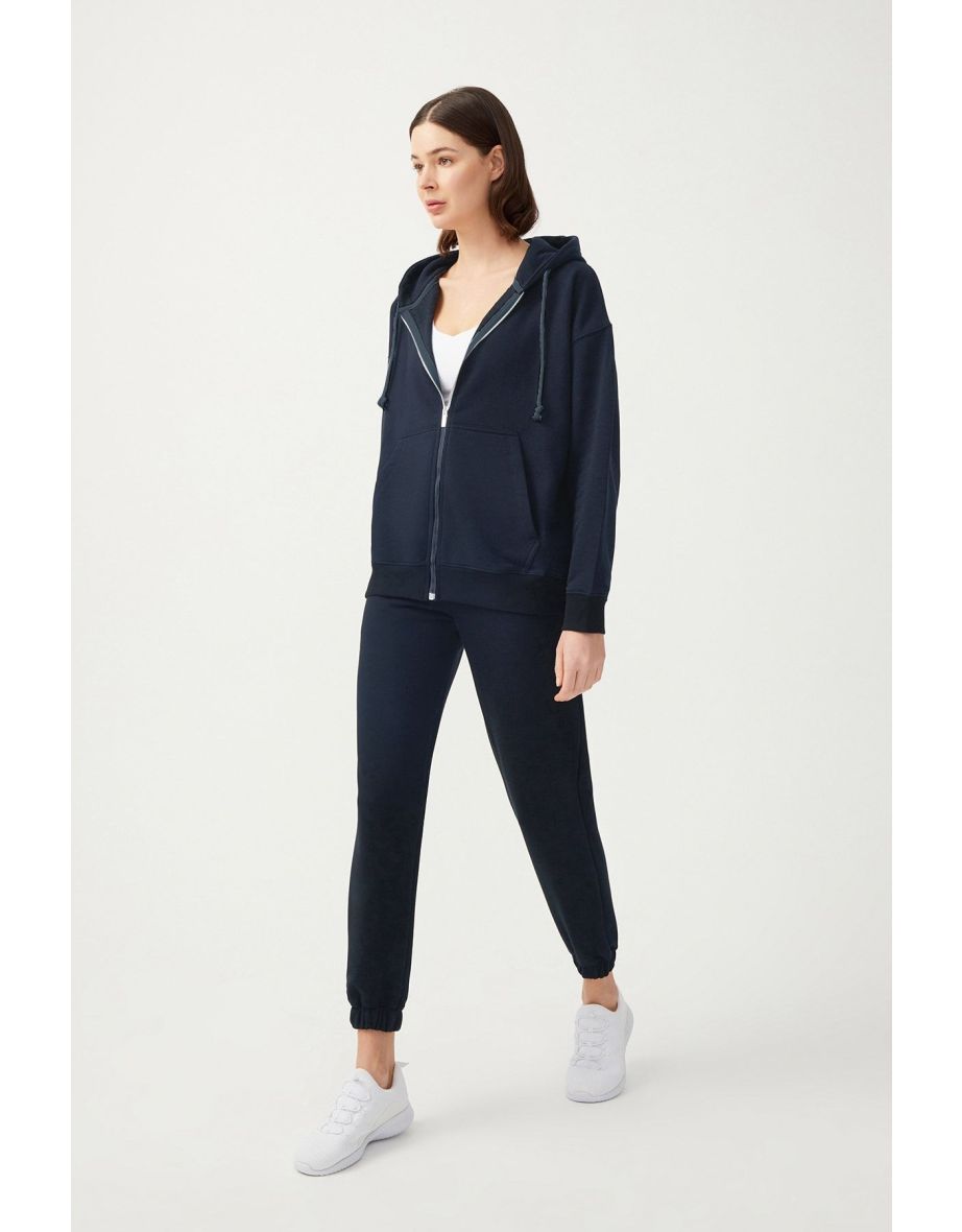Women's Navy Blue Elasticated Legs Jogger Sweatpants With Drawstring