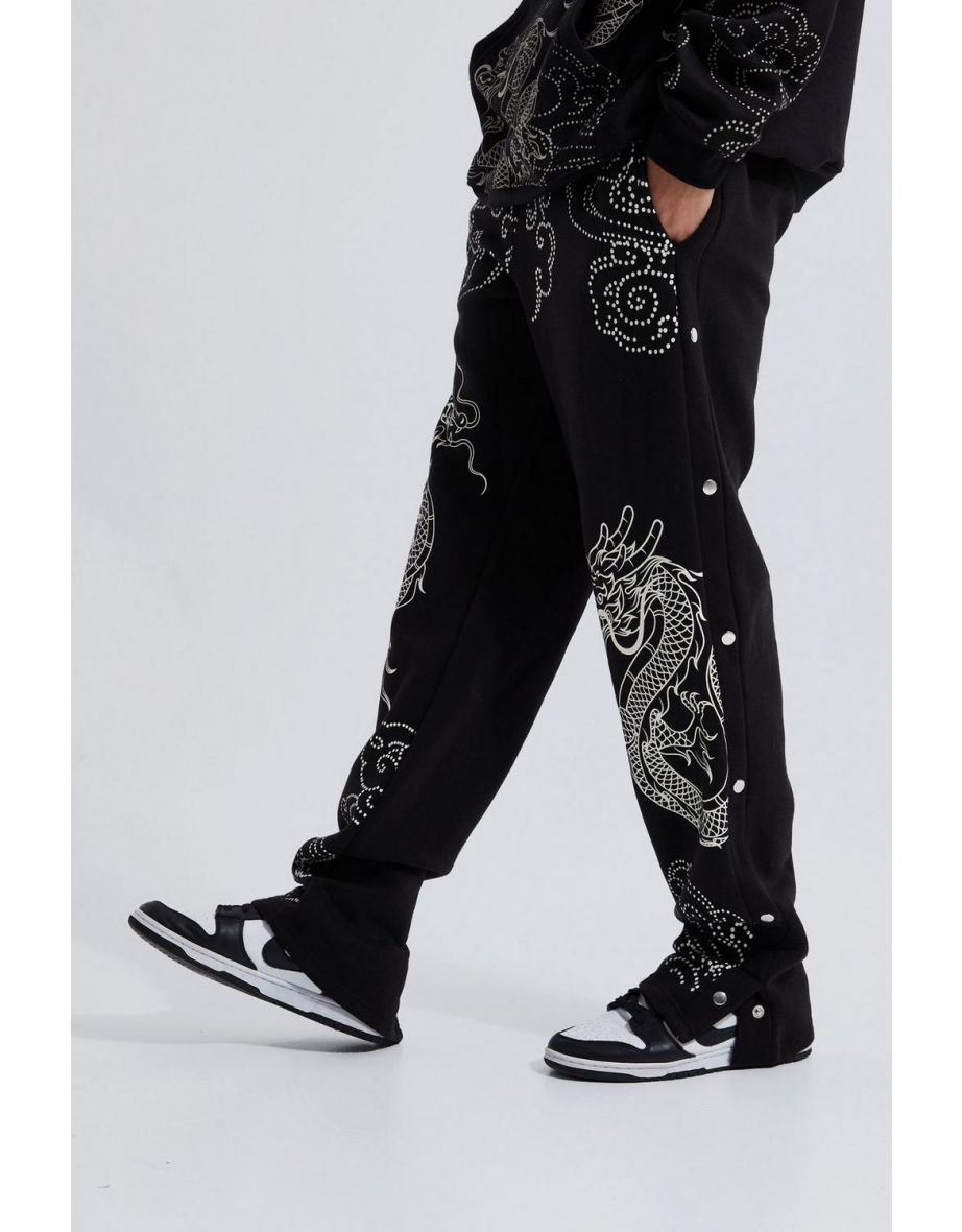 Tall Relaxed Side Popper Dragon Print Joggers - black